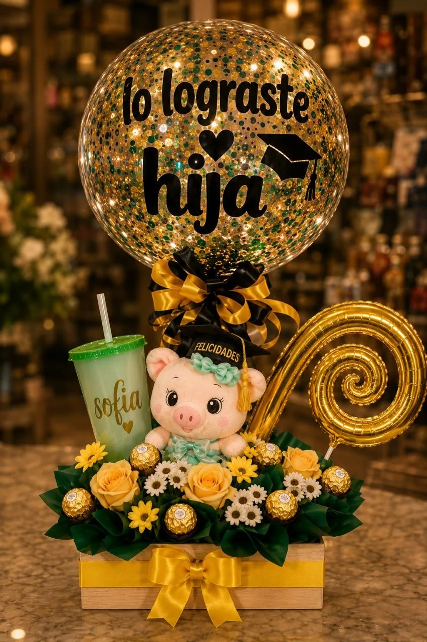 Arreglo 'Lo lograste hija' con globo dorado, peluche y vaso personalizado — regalos de graduación Comalcalco